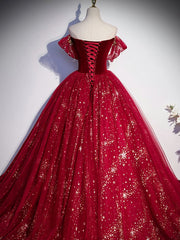 Prom Gown, Burgundy Tulle Sequin Long Prom Dress, Burgundy Tulle Formal Dress