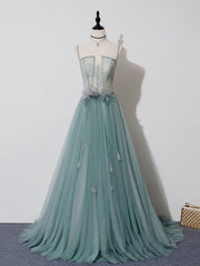 Party Dress Size 150, Green A Line Tulle Lace Long Prom Dress, Green Tulle Formal Dress