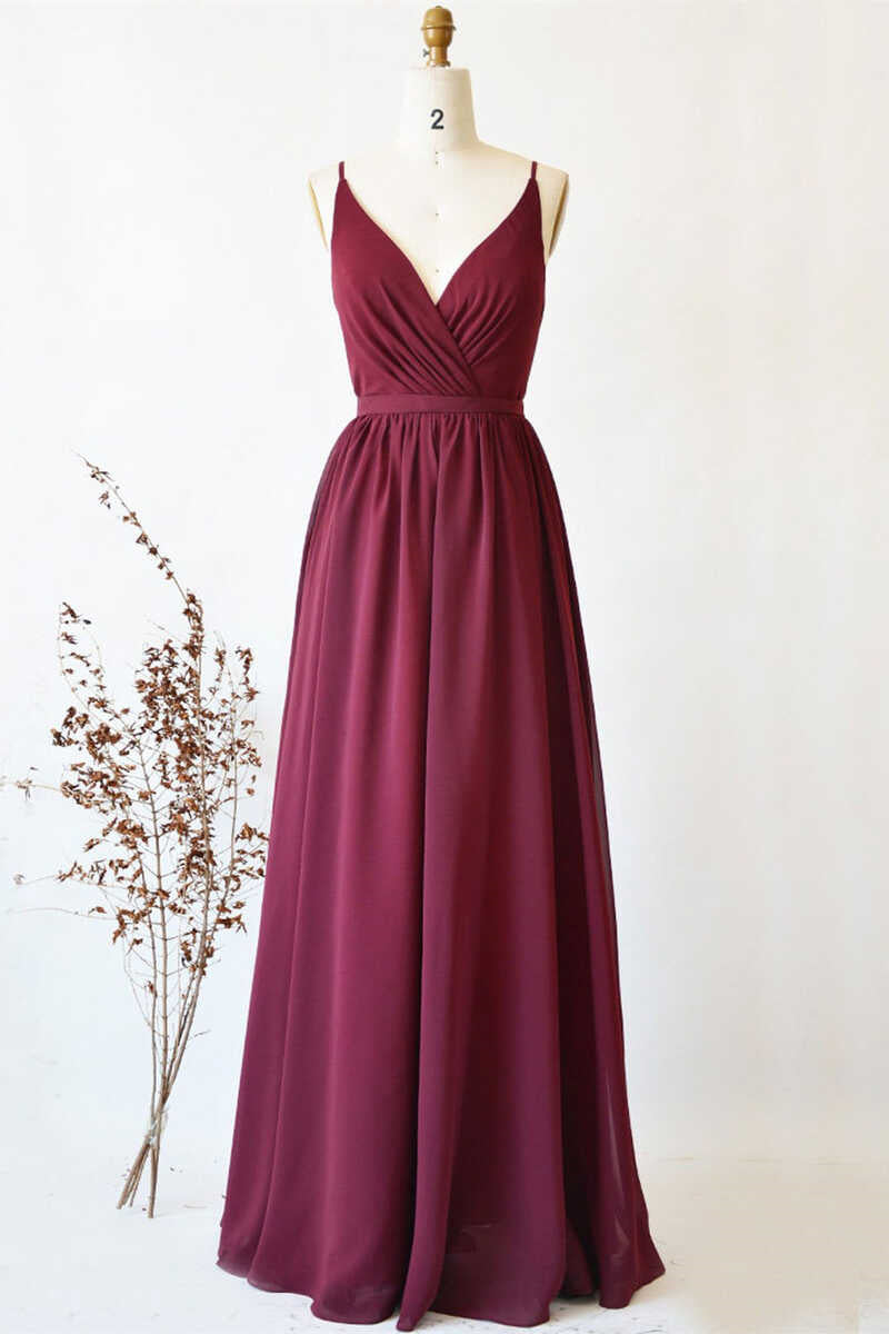 Bridesmaid Dresses Mismatched Neutral, Magenta Chiffon V-Neck Spaghetti Straps Long Bridesmaid Dress