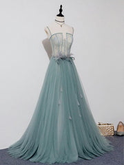 Party Dress Size 154, Green A Line Tulle Lace Long Prom Dress, Green Tulle Formal Dress