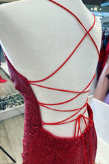 Beauty Dress Design, Red Sequin Lace-Up Back Mermaid Long Prom Dress with Slit