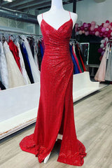 Bridesmaid Gown, Red Sequin Lace-Up Back Mermaid Long Prom Dress with Slit