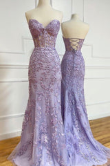 Evening Dress Gold, Purple Lace Long Prom Dresses, Mermaid Strapless Evening Dresses