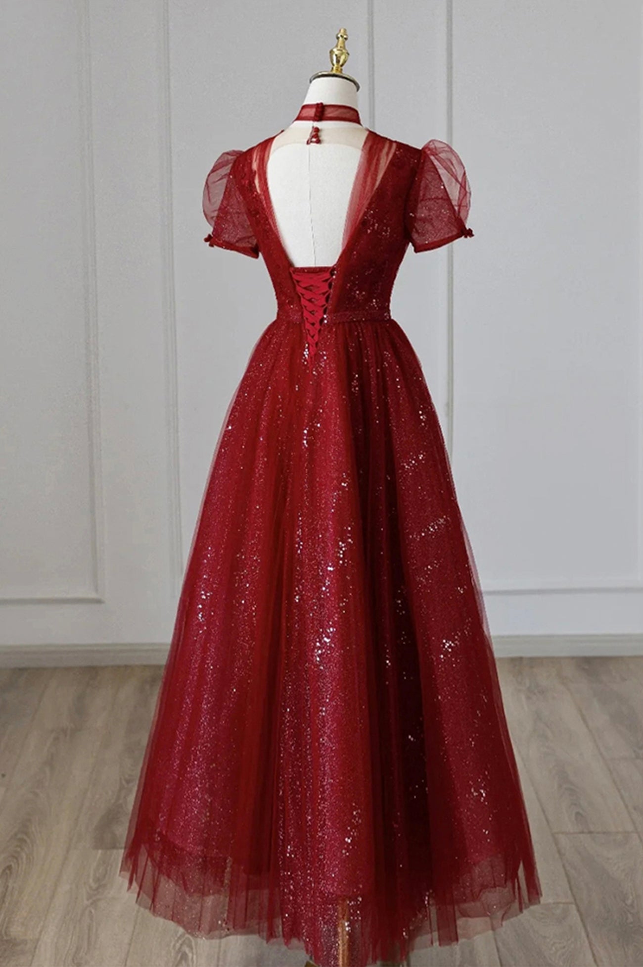 Party Dress Australian, Burgundy Tulle Sequins Tea Length Prom Dress, A-Line Evening Dress