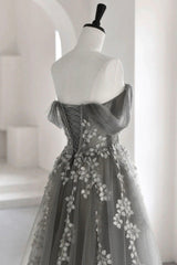 Bridesmaids Dresses By Color, Gray Tulle Lace Long Prom Dress, A-Line Off the Shoulder Evening Dress