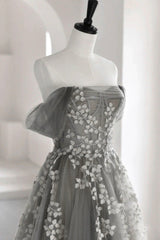Bridesmaid Dresses By Color, Gray Tulle Lace Long Prom Dress, A-Line Off the Shoulder Evening Dress
