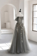 Bridesmaid Dresses Short, Gray Tulle Lace Long Prom Dress, A-Line Off the Shoulder Evening Dress