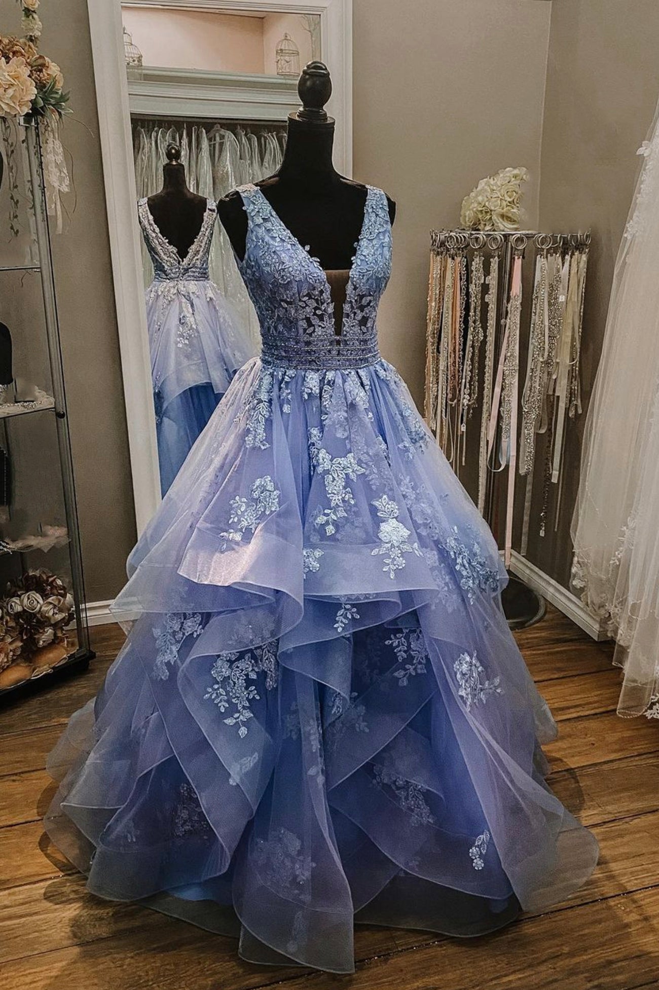 Black Lace Dress, Blue V-Neck Tulle Lace Long Prom Dresses, A-Line Evening Dresses