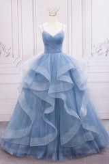 Semi Formal Outfit, Blue V-Neck Tulle Long Formal Gown, A-Line Blue Evening Dress
