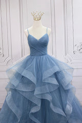 Boho Dress, Blue V-Neck Tulle Long Formal Gown, A-Line Blue Evening Dress