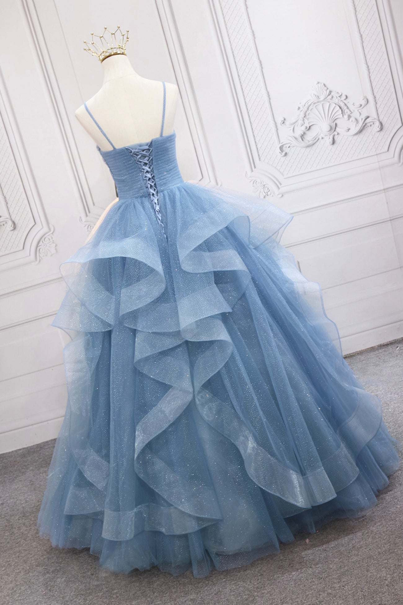 Formal, Blue V-Neck Tulle Long Formal Gown, A-Line Blue Evening Dress