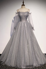 Bridesmaids Dress Inspiration, Gray Tulle Sequins Long Prom Dress, Long Sleeve Evening Dress