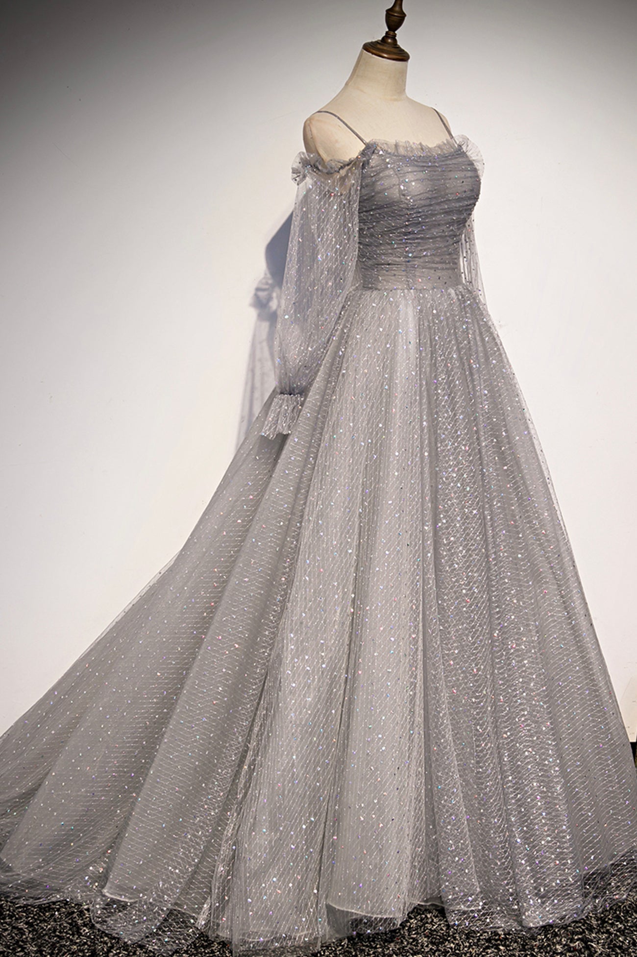 Bridesmaid Dress Inspiration, Gray Tulle Sequins Long Prom Dress, Long Sleeve Evening Dress