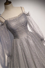 Bridesmaid Dresses Inspiration, Gray Tulle Sequins Long Prom Dress, Long Sleeve Evening Dress