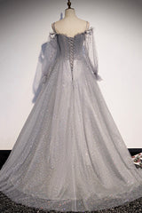 Bridesmaid Dress Idea, Gray Tulle Sequins Long Prom Dress, Long Sleeve Evening Dress