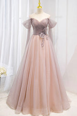 Homecomming Dresses Green, Pink Tulle Beaded Long Prom Dress, Off the Shoulder Evening Dress