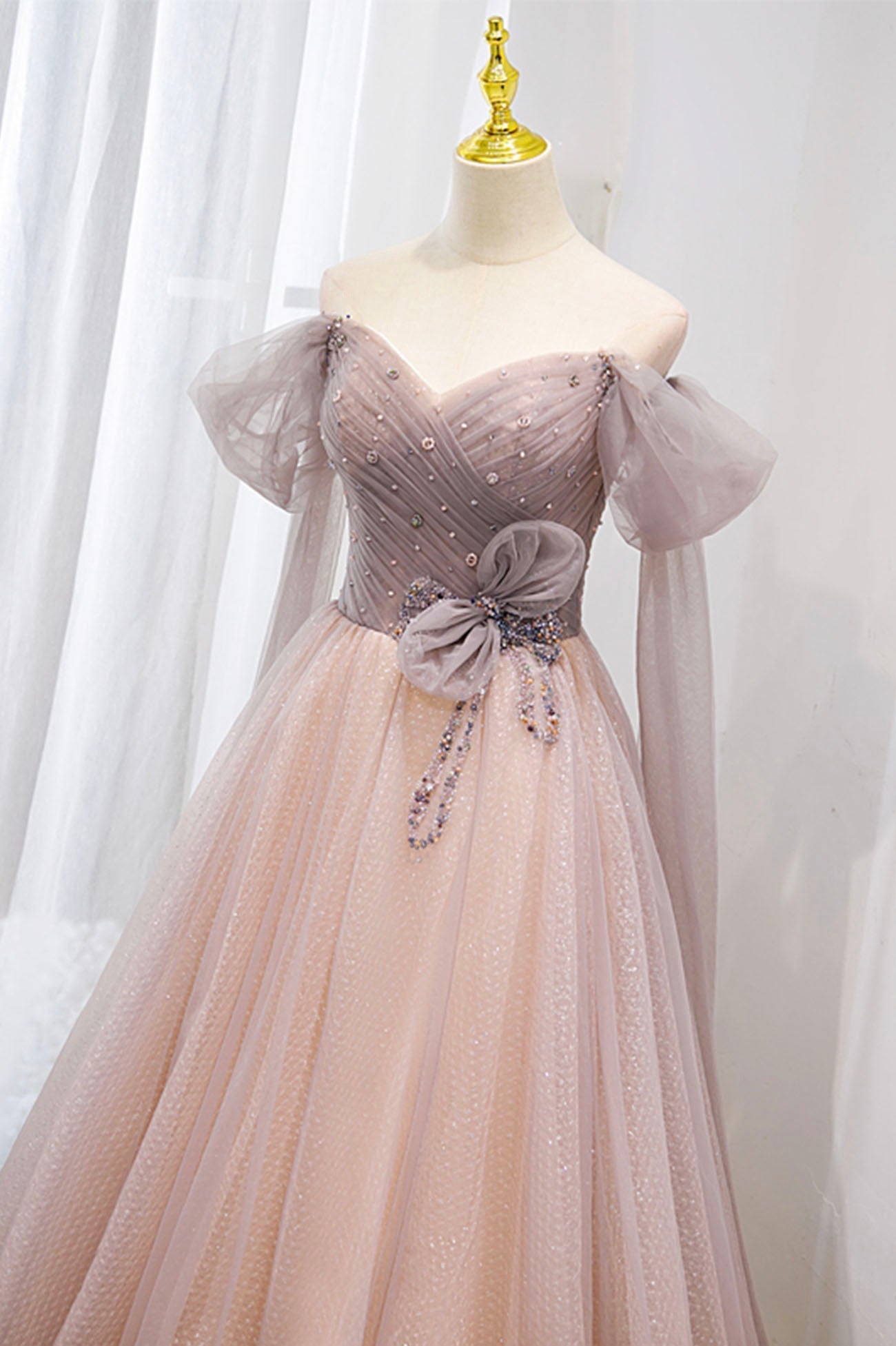 Homecoming Dresses Green, Pink Tulle Beaded Long Prom Dress, Off the Shoulder Evening Dress