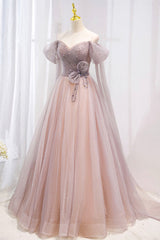 Homecoming Dress Green, Pink Tulle Beaded Long Prom Dress, Off the Shoulder Evening Dress