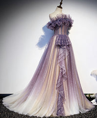 Summer Wedding, Purple Tulle Sequin Long Prom Dress, Purple Tulle Formal Dress