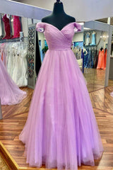 Boho Wedding Dress, Lilac Off-the-Shoulder A-Line Long Prom Dress