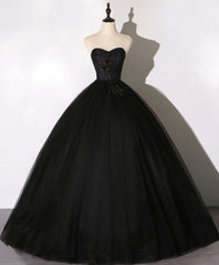 Spring Wedding, Black Sweetheart Neck Tulle Long Prom Dress, Black Evening Dress