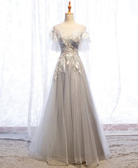 Party Dresses Australia, Gray Tulle Lace Long Prom Dress, Gray Tulle Lace Evening Dress, 5