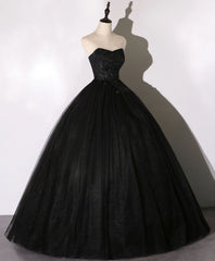 Wedding Aesthetic, Black Sweetheart Neck Tulle Long Prom Dress, Black Evening Dress