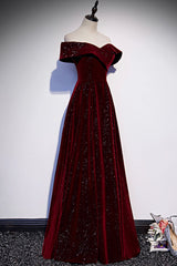 Party Dress Brands, Burgundy Velvet Long Prom Dresses, Off the Shoulder Evening Dresses