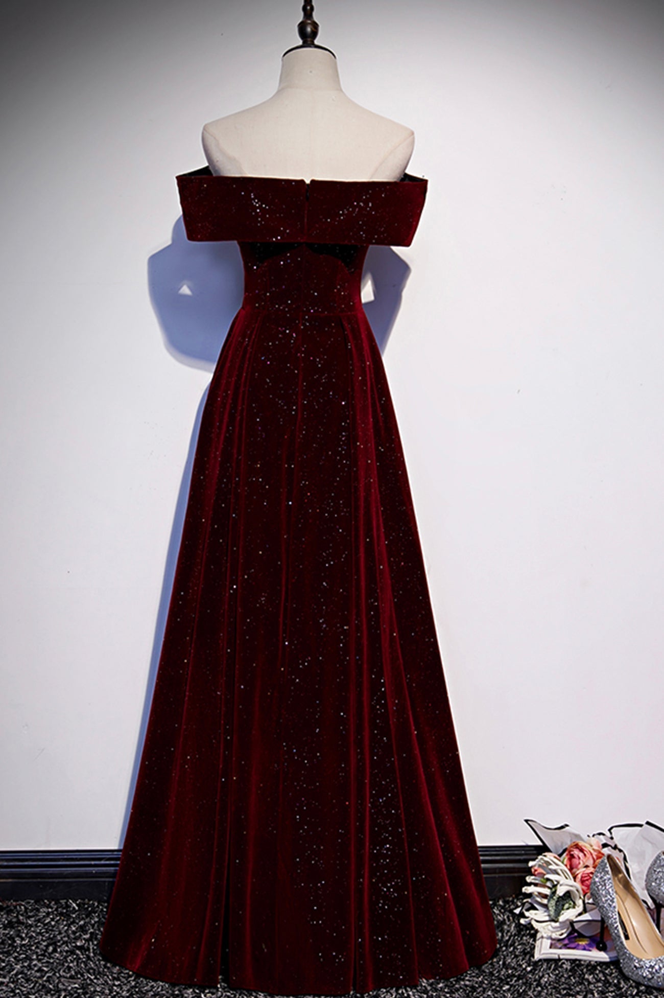 Party Dress Dress Code, Burgundy Velvet Long Prom Dresses, Off the Shoulder Evening Dresses