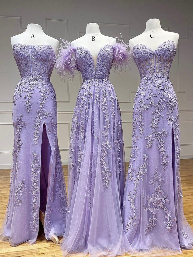 Formal Dress For Beach Wedding, Purple Tulle Lace Long Prom Dress, Purple Tulle Formal Evening Dress