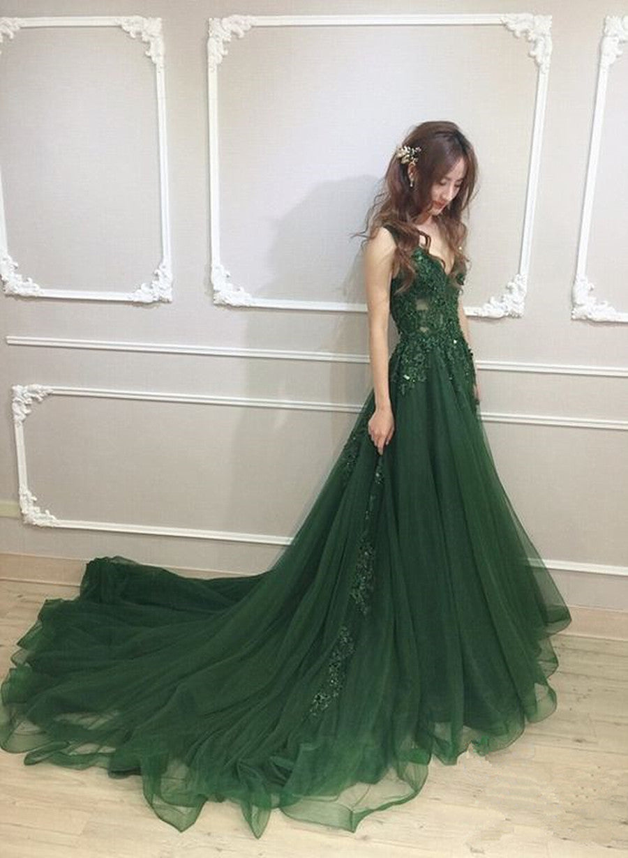 Prom Dresses Under 100, Dark Green Low Back Beaded Lace V-neckline Party Dress, A-line Prom Dress