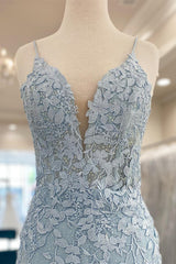 Bridesmaid Dresses Chicago, Light Blue Appliques Plunge V Short Homecoming Dress