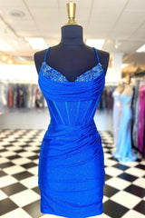 Party Dresses For Over 65S, Sparkly Royal Blue Beaded Pleated Sheath Lace-Up Homecoming Dress