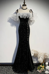 Homecoming Dress With Tulle, Black Velvet Long Prom Dresses, Mermaid Evening Dresses
