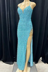 Prom Dresse 2040, Blue Mermaid Sequins V Neck Lace-Up Back Long Prom Dress with Slit