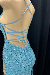 Prom Dresses 2040 Fashion Outfits, Blue Mermaid Sequins V Neck Lace-Up Back Long Prom Dress with Slit