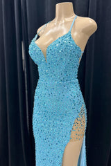 Prom Dress Uk, Blue Mermaid Sequins V Neck Lace-Up Back Long Prom Dress with Slit