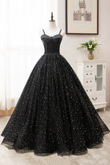 Prom Dresses For Teens, Black Tulle Long A-Line Long Prom Dresses, Black Evening Party Dresses