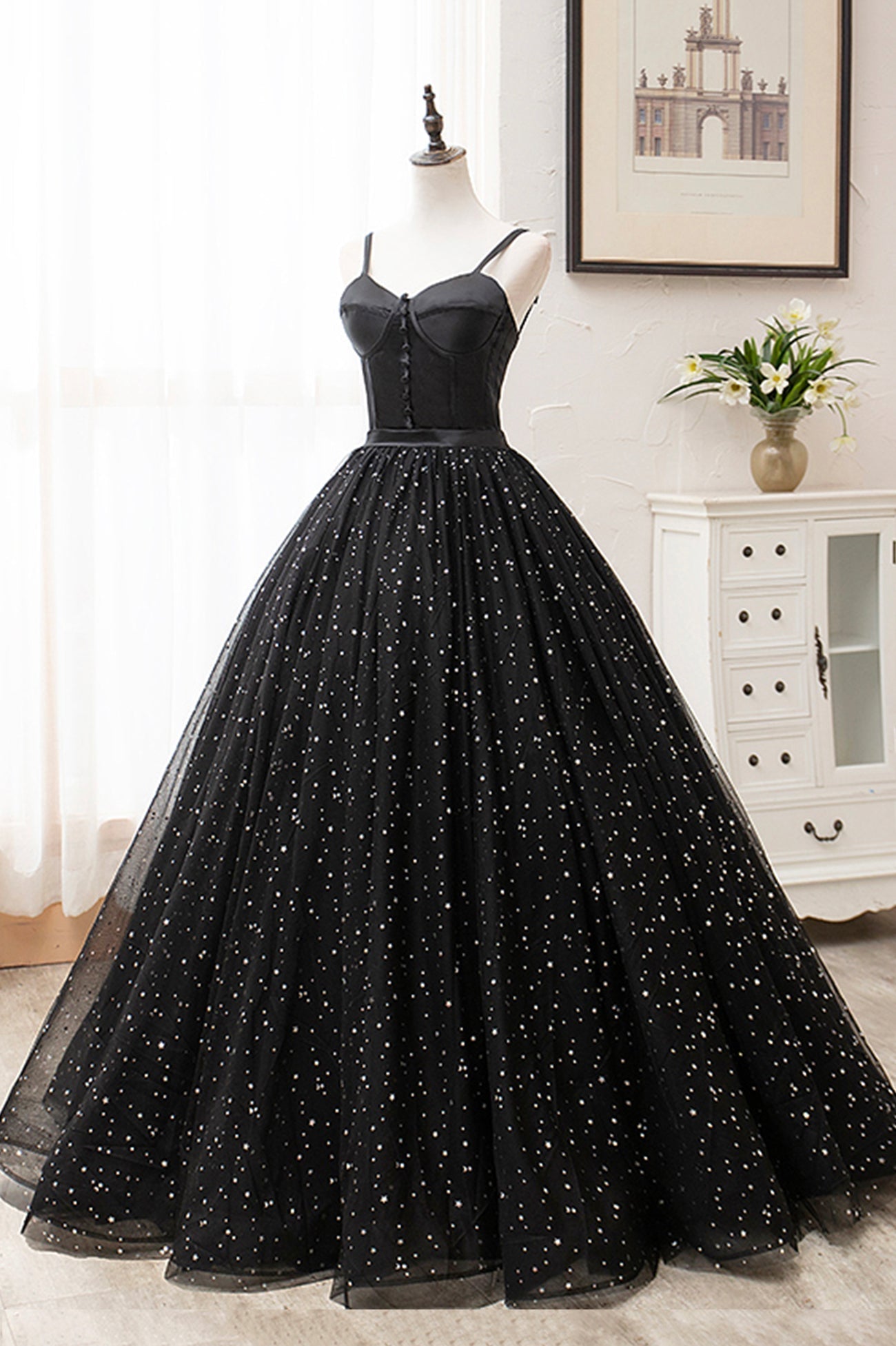 Prom Dress Long, Black Tulle Long A-Line Long Prom Dresses, Black Evening Party Dresses