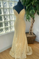 Dream Dress, Elegant Gold Mermaid Lace Long Prom Dress