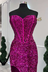 Cocktail Dress Prom, Fuchsia Sequin Strapless Mermaid Long Prom Dress with Slit