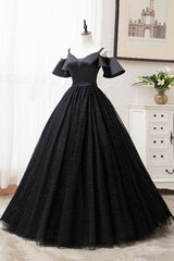 Homecoming Dress Pink, Black V-Neck Tulle Long Prom Dresses, A-Line Black Evening Dresses