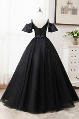 Homecomeing Dresses Bodycon, Black V-Neck Tulle Long Prom Dresses, A-Line Black Evening Dresses