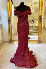 Bridesmaid Dresses Gowns, Off the Shoulder Burgundy Sequins Mermaid Long Formal Dress