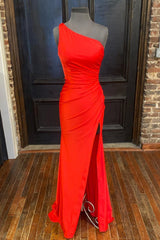 Blue Dress, One Shoulder Red Mermaid Long Prom Dress with Slit