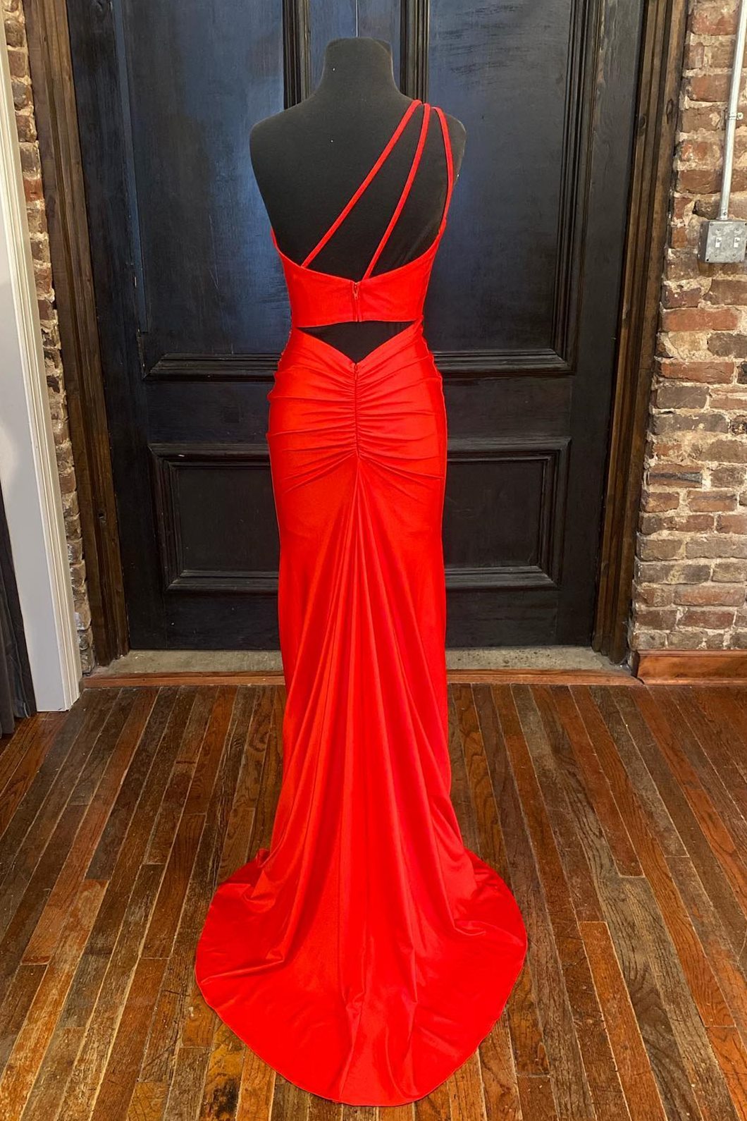 Princess Dress, One Shoulder Red Mermaid Long Prom Dress with Slit