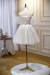 Short Dress, Chic Ivory Spaghetti Straps Off The Shoulder Tulle Homecoming Dresses