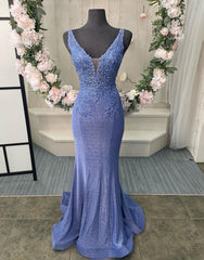 Bridesmaids Dress Pink, Purple V-Neck Corset Back Long Prom Dress With Appliques