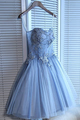 Formal Dresses Cheap, Sweetheart Strapless Homecoming Dresses, Beads Blue Lace Up Tulle Short Prom Dresses
