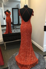 Prom Dresses2035, Orange Sparkly Spaghetti Straps Sequins Long Prom Dress with Slit